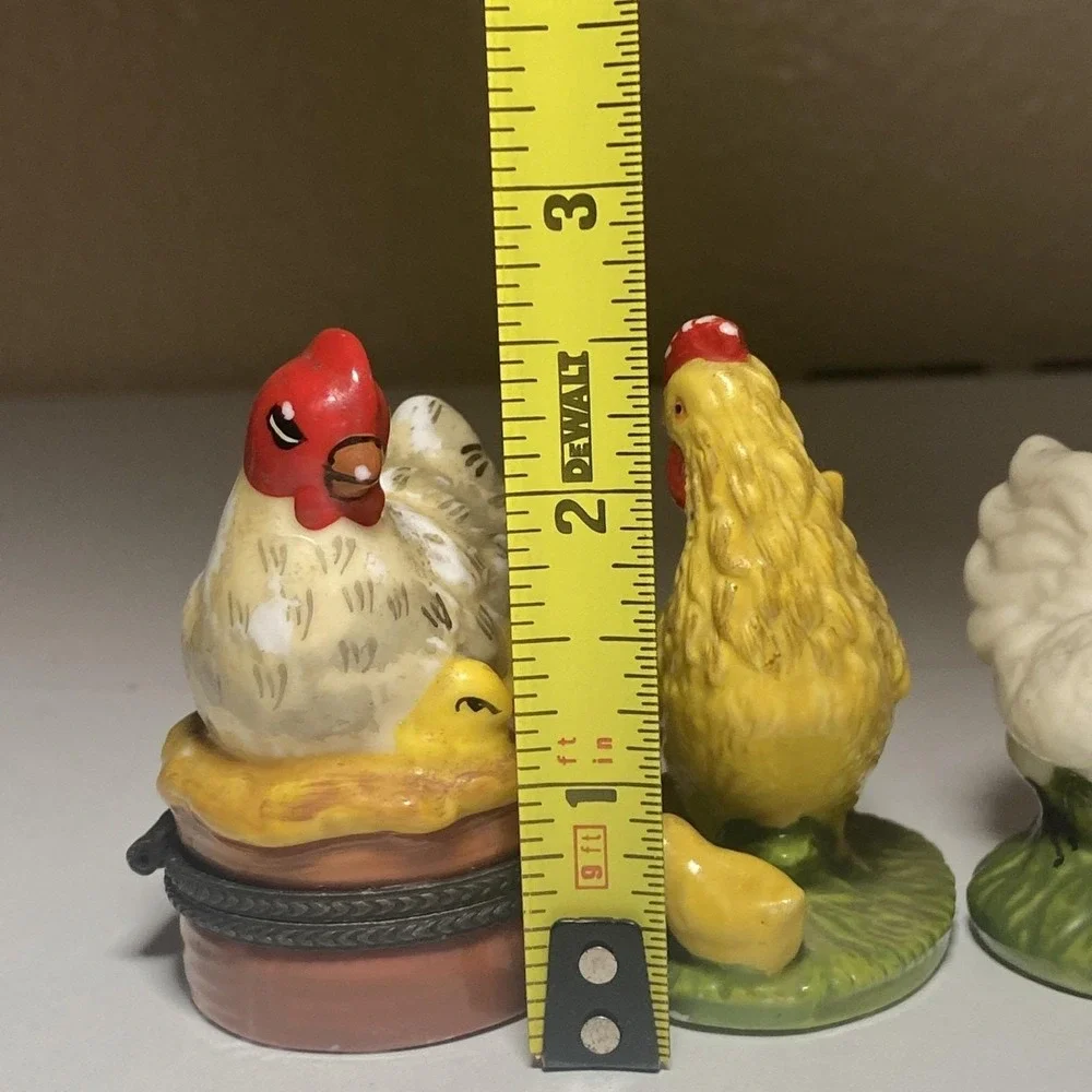 3 Beautiful Porcelain Hen-Rooster Figurines (One Is A Trinket Box)